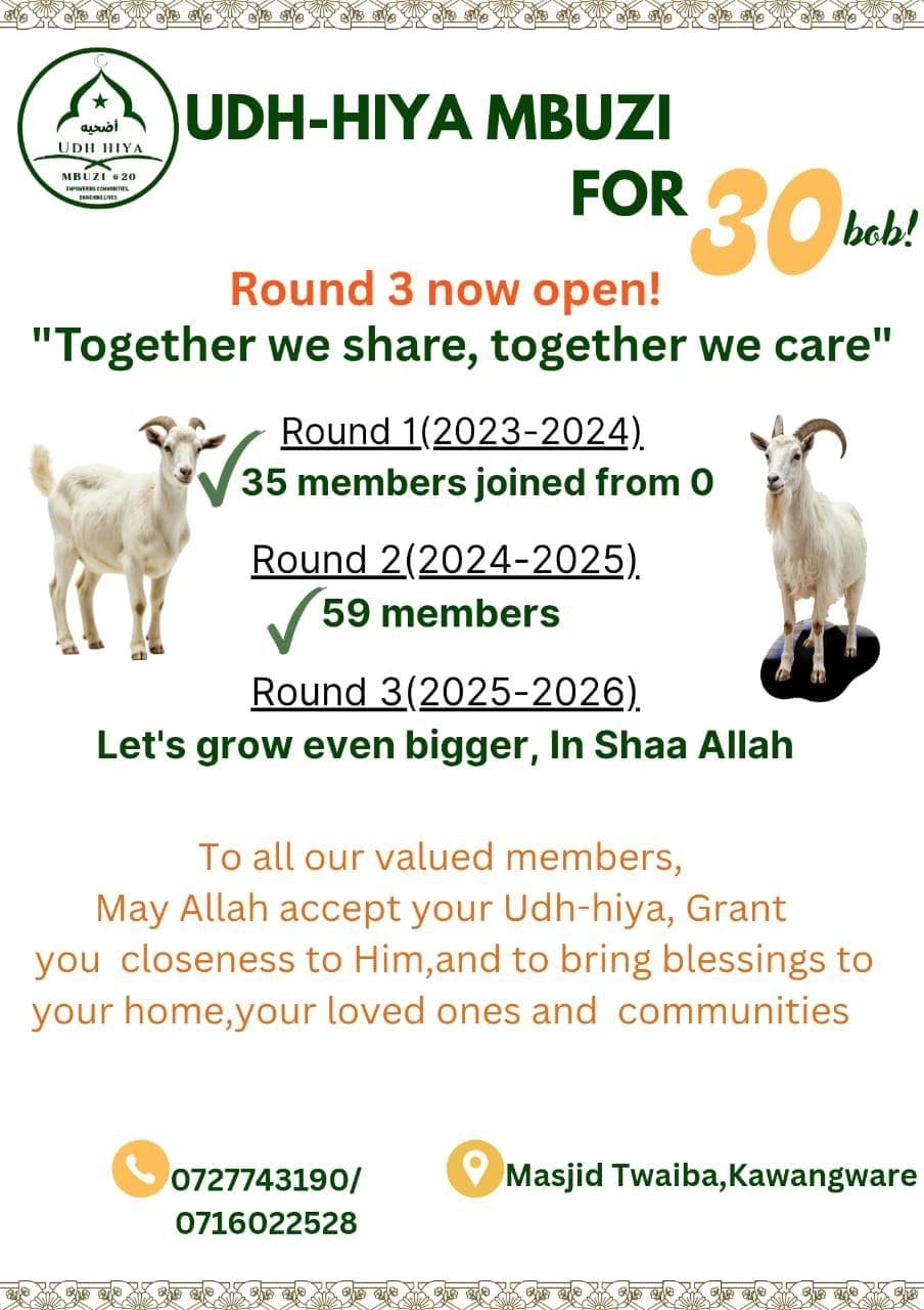 Notice for Udh-Hiya Mbuzi at 30 bob a day. Round 3 for 2025 to 2026 is marked open, with two white goats.