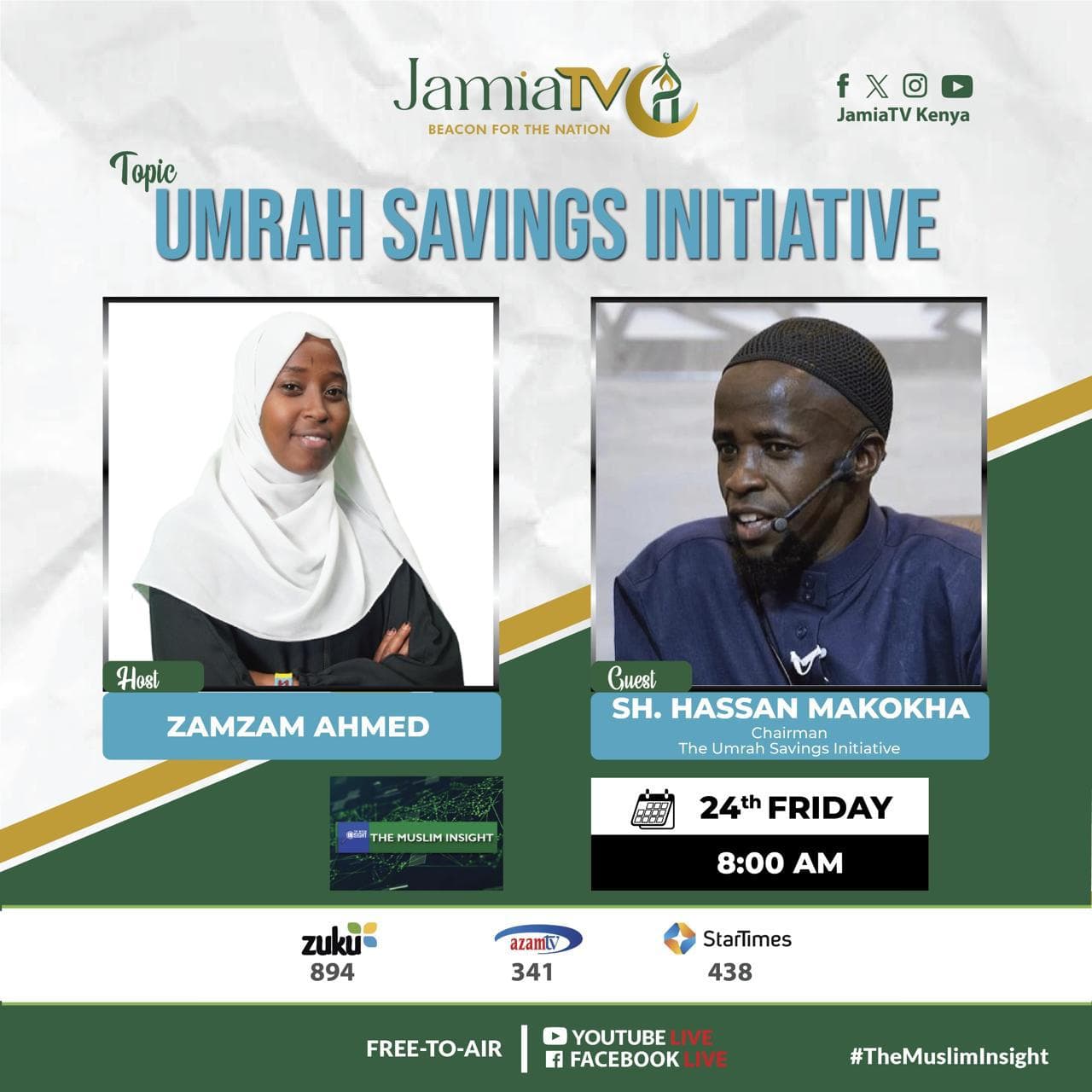 JamiaTV poster for Umrah Savings Initiative, with host Zamzam Ahmed and guest Sh. Hassan Makokha.